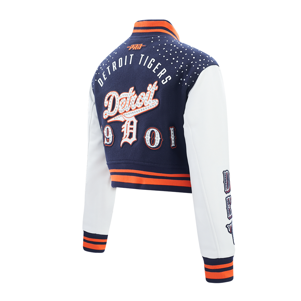 MLB DETROIT TIGERS LEGACY WOMEN'S CROPPED RIB WOOL VARSITY JACKET (MIDNIGHT NAVY/ORANGE/MIDNIGHT NAVY)