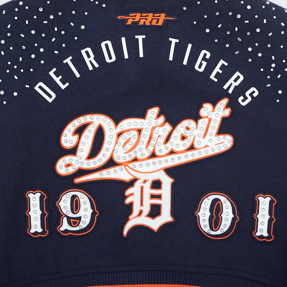 MLB DETROIT TIGERS LEGACY WOMEN'S CROPPED RIB WOOL VARSITY JACKET (MIDNIGHT NAVY/ORANGE/MIDNIGHT NAVY)