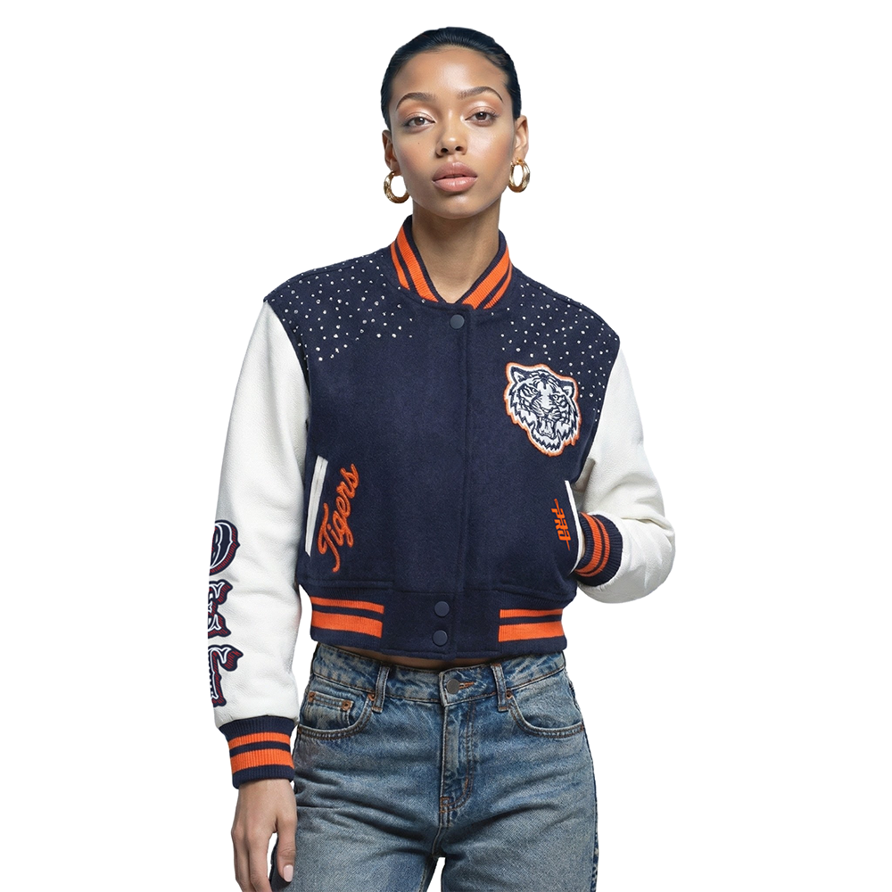 MLB DETROIT TIGERS LEGACY WOMEN'S CROPPED RIB WOOL VARSITY JACKET (MIDNIGHT NAVY/ORANGE/MIDNIGHT NAVY)