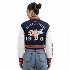 MLB DETROIT TIGERS LEGACY WOMEN'S CROPPED RIB WOOL VARSITY JACKET (MIDNIGHT NAVY/ORANGE/MIDNIGHT NAVY)