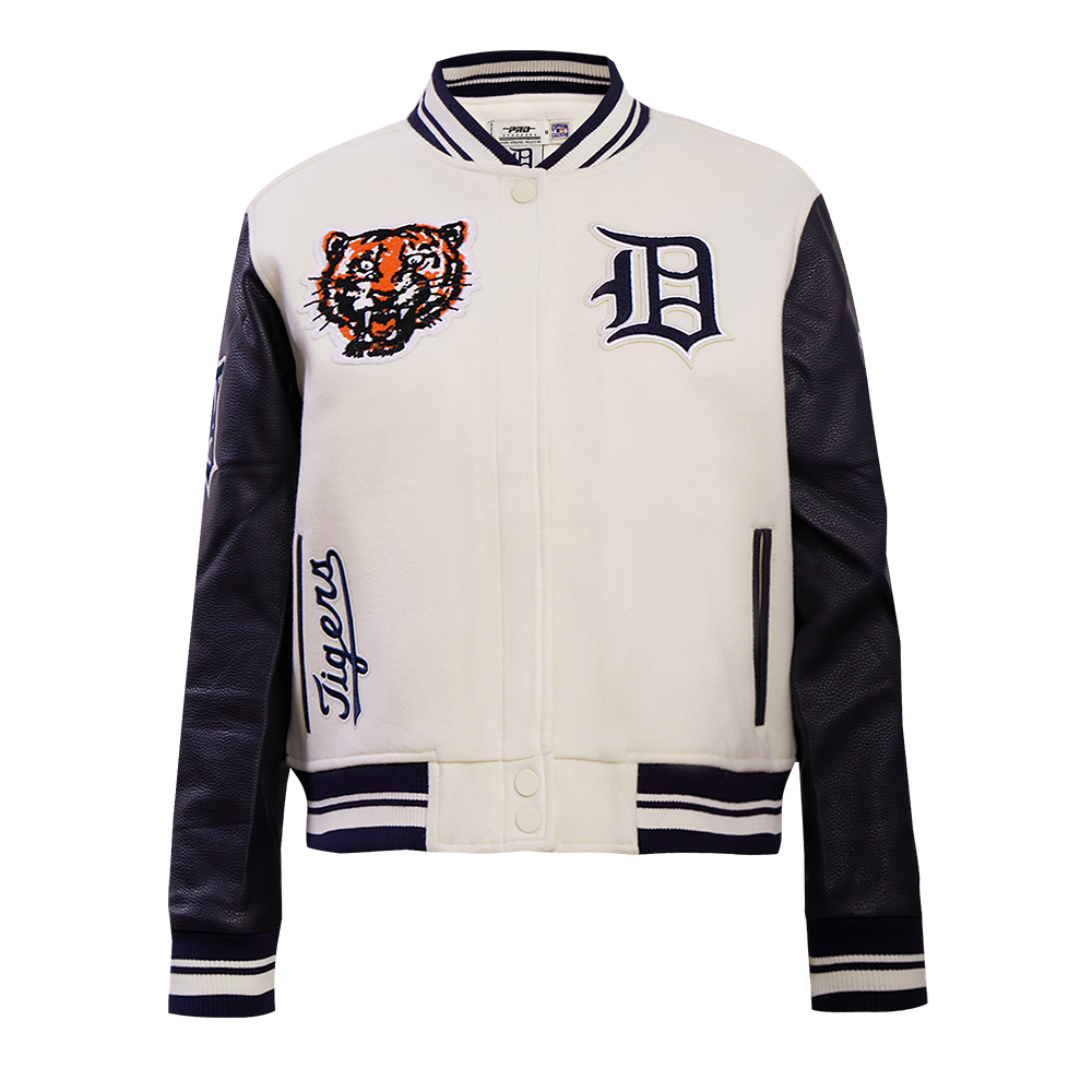 MLB DETROIT TIGERS RETRO CLASSIC WOMEN'S RIB WOOL VARSITY JACKET (EGGSHELL/MIDNIGHT NAVY)