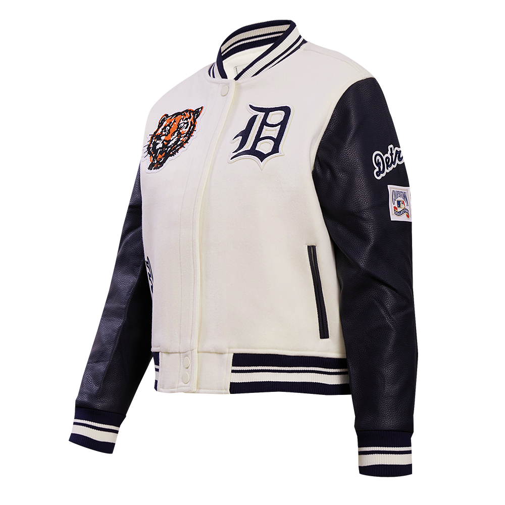 MLB DETROIT TIGERS RETRO CLASSIC WOMEN'S RIB WOOL VARSITY JACKET (EGGSHELL/MIDNIGHT NAVY)
