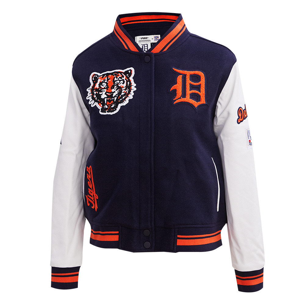 MLB DETROIT TIGERS RETRO CLASSIC BLOUSON COLLÉGIAL EN LAINE À BORDS CÔTELÉS POUR FEMME (MARINE MINUIT/ORANGE/MINUIT)