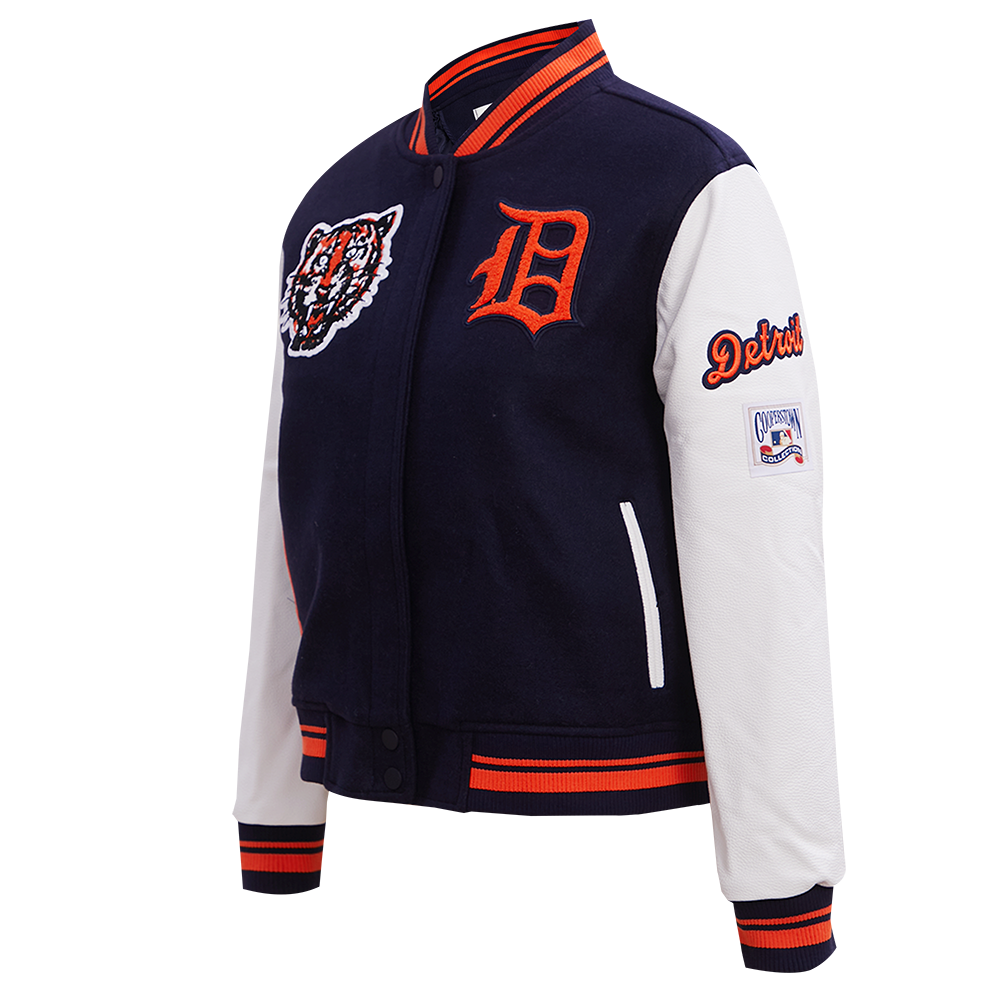 MLB DETROIT TIGERS RETRO CLASSIC BLOUSON COLLÉGIAL EN LAINE À BORDS CÔTELÉS POUR FEMME (MARINE MINUIT/ORANGE/MINUIT)