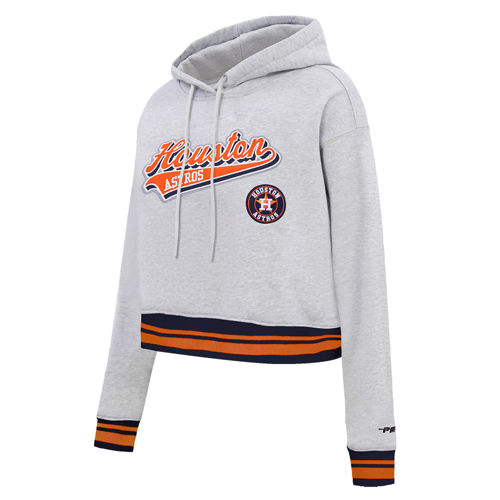 MLB HOUSTON ASTROS SCRIPT TAIL WOMEN'S RIB FLEECE CROPPED PULLOVER HOODIE (HEATHER GREY/MIDNIGHT NAVY/ORANGE)
