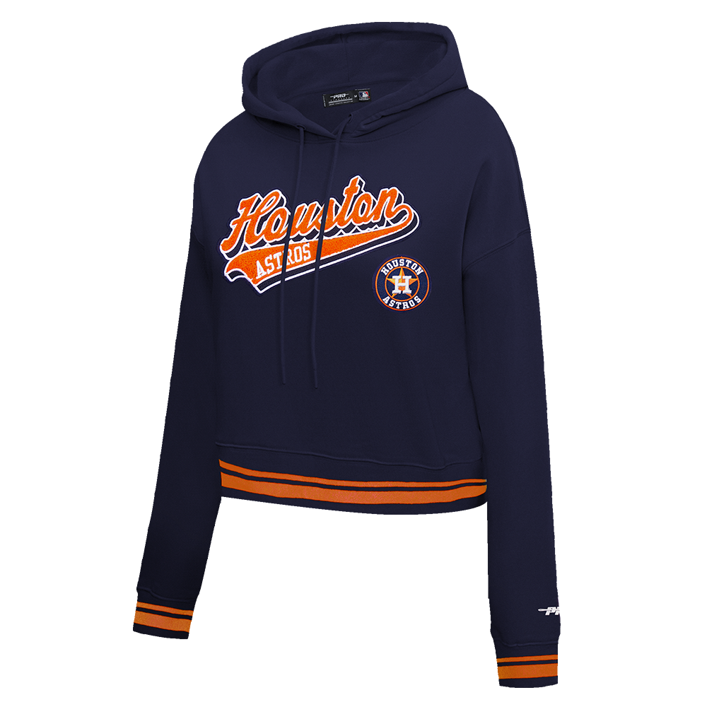 MLB HOUSTON ASTROS SCRIPT TAIL WOMEN'S RIB FLEECE CROPPED PULLOVER HOODIE (MIDNIGHT NAVY/ORANGE/MIDNIGHT NAVY)