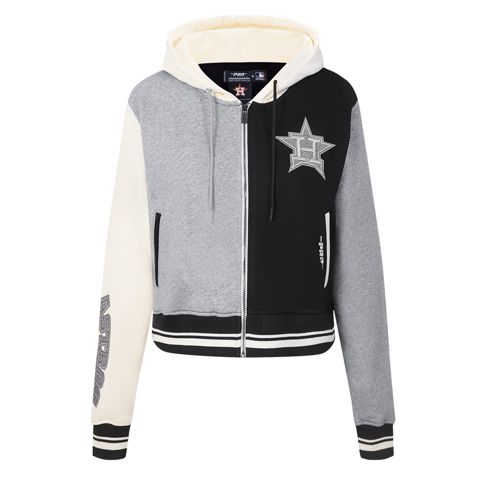 MLB HOUSTON ASTROS REVERSE FRENCH TERRY WOMEN'S CROPPED FULL ZIP HOODIE (BLACK/GRAY/EGGSHELL)