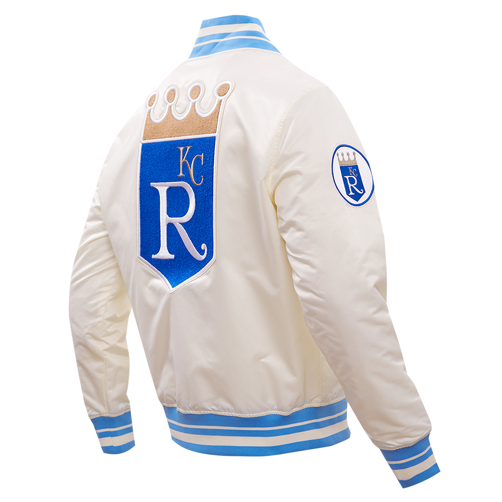 MLB KANSAS CITY ROYALS RETRO CLASSIC MEN'S RIB SATIN JACKET (EGGSHELL/ UNIVERSITY BLUE)