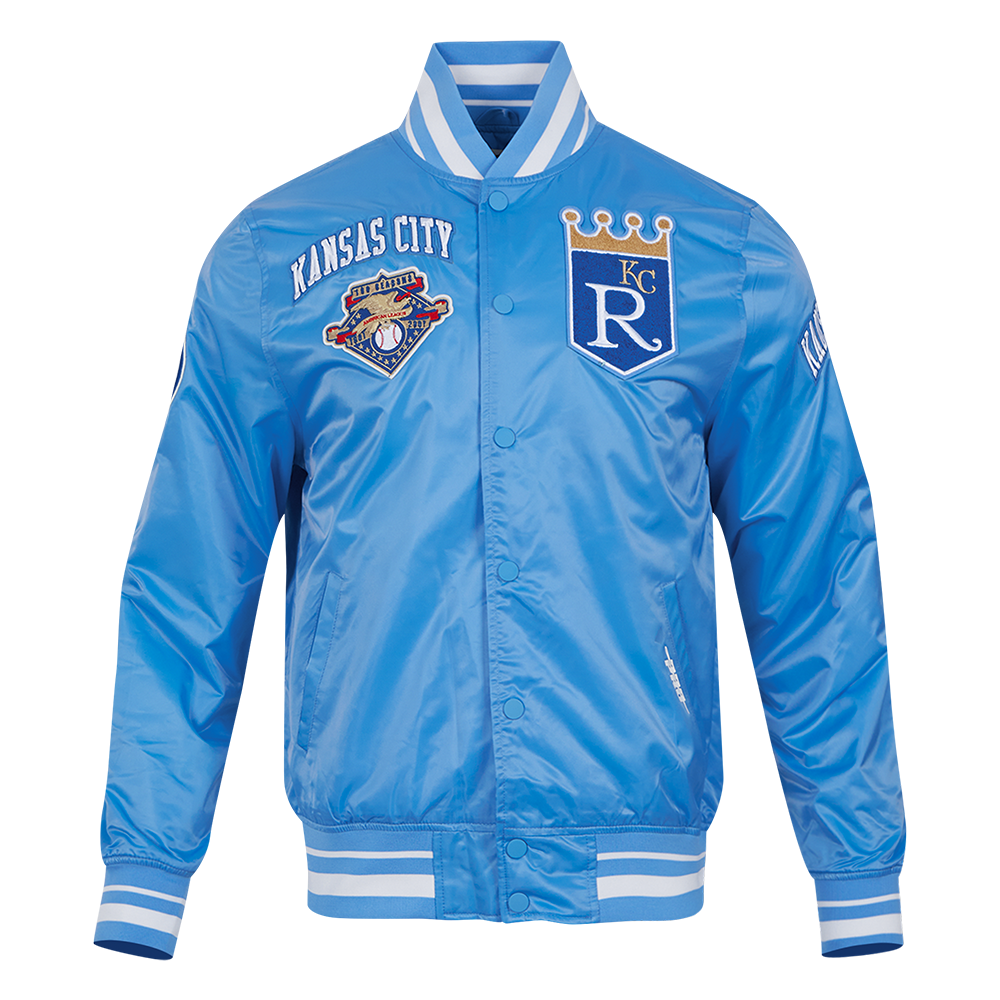 MLB KANSAS CITY ROYALS RETRO CLASSIC BLOUSON EN SATIN À BORDS CÔTELÉS POUR HOMME (BLEU UNIVERSITÉ)