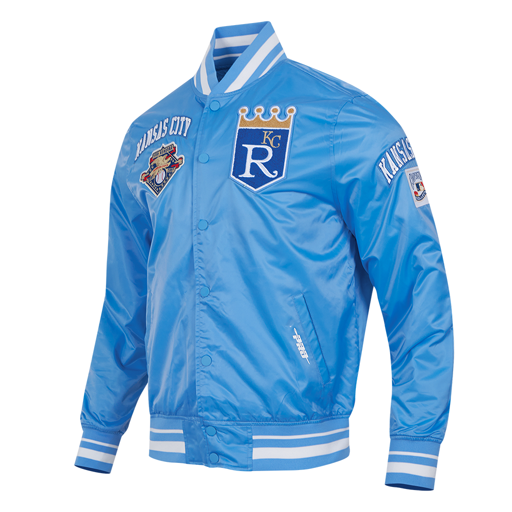 MLB KANSAS CITY ROYALS RETRO CLASSIC BLOUSON EN SATIN À BORDS CÔTELÉS POUR HOMME (BLEU UNIVERSITÉ)