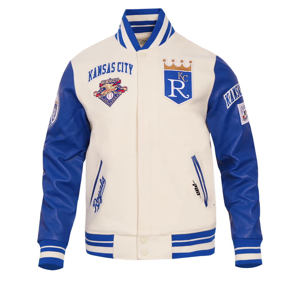 MLB KANSAS CITY ROYALS RETRO CLASSIC MEN'S RIB WOOL VARSITY JACKET (EGGSHELL/ UNIVERSITY BLUE)