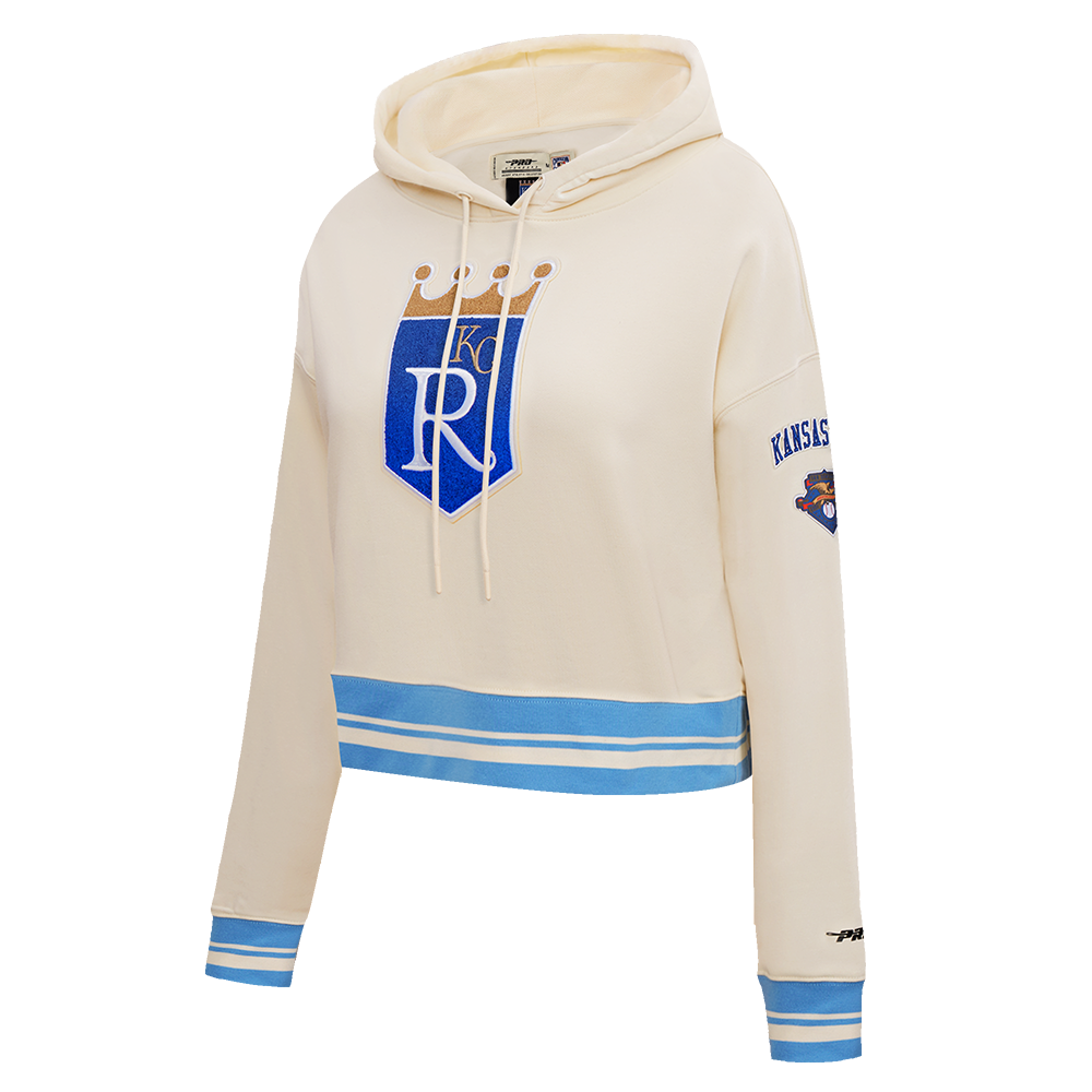 MLB KANSAS CITY ROYALS RETRO CLASSIC WOMEN'S CROPPED PULLOVER HOODIE (EGGSHELL/ UNIVERSITY BLUE)