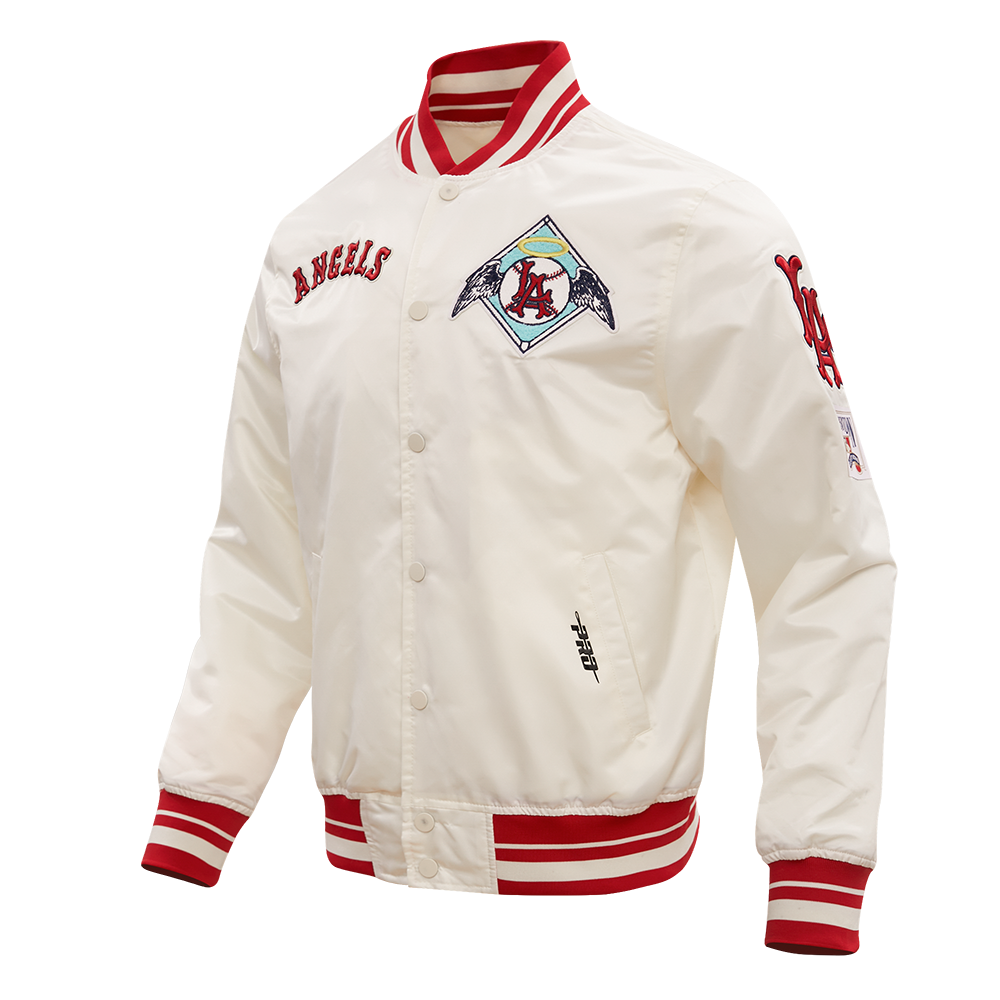 MLB LOS ANGELES ANGELS RETRO CLASSIC MEN'S RIB SATIN JACKET (EGGSHELL/ RED)