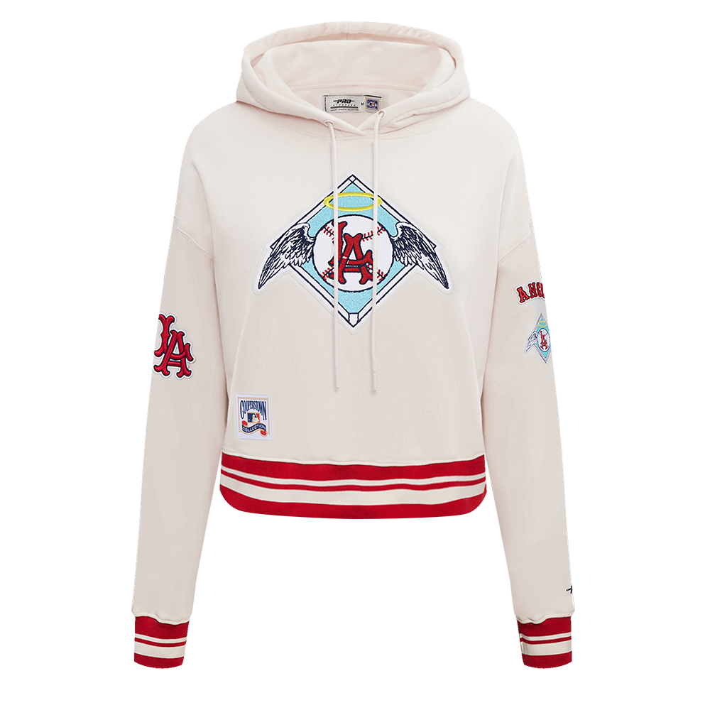 MLB LOS ANGELES ANGELS RETRO CLASSIC WOMEN'S RIB CROPPED PULLOVER HOODIE (EGGSHELL/ RED)