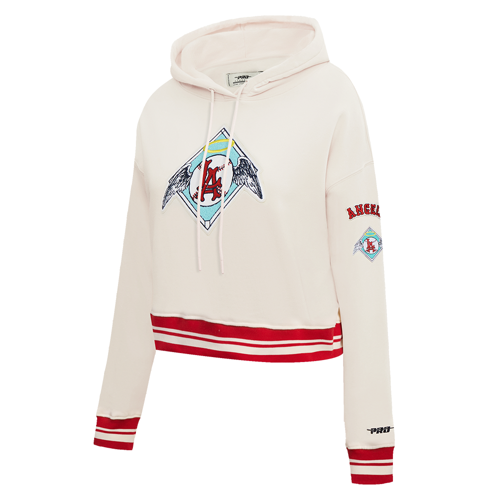MLB LOS ANGELES ANGELS RETRO CLASSIC WOMEN'S RIB CROPPED PULLOVER HOODIE (EGGSHELL/ RED)