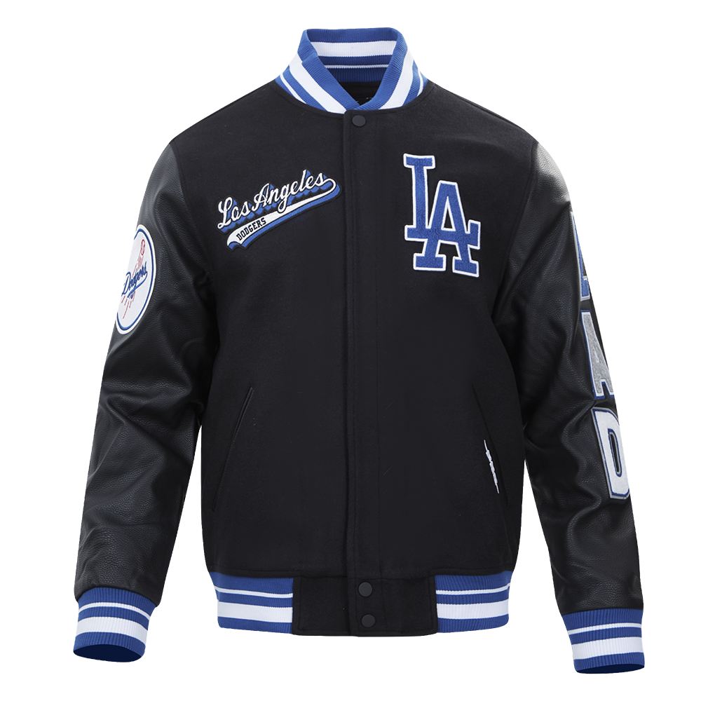 MLB LOS ANGELES DODGERS SCRIPT TAIL MEN'S VARSITY JACKET (BLACK/DODGER BLUE)