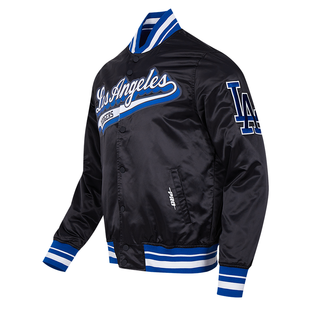 MLB LOS ANGELES DODGERS SCRIPT TAIL MEN'S SATIN JACKET (BLACK/DODGER BLUE)