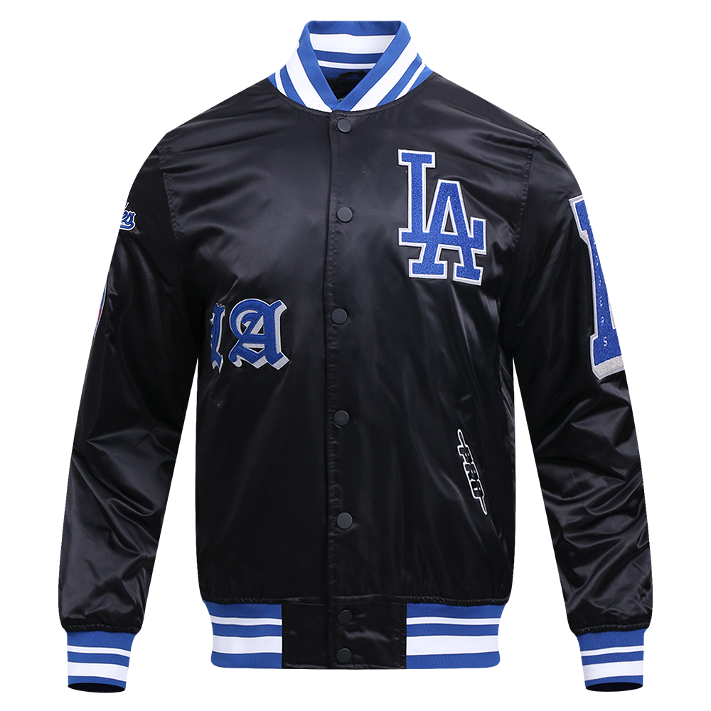 MLB LOS ANGELES DODGERS OLD ENGLISH MEN'S RIB SATIN JACKET (BLACK/DODGER BLUE)