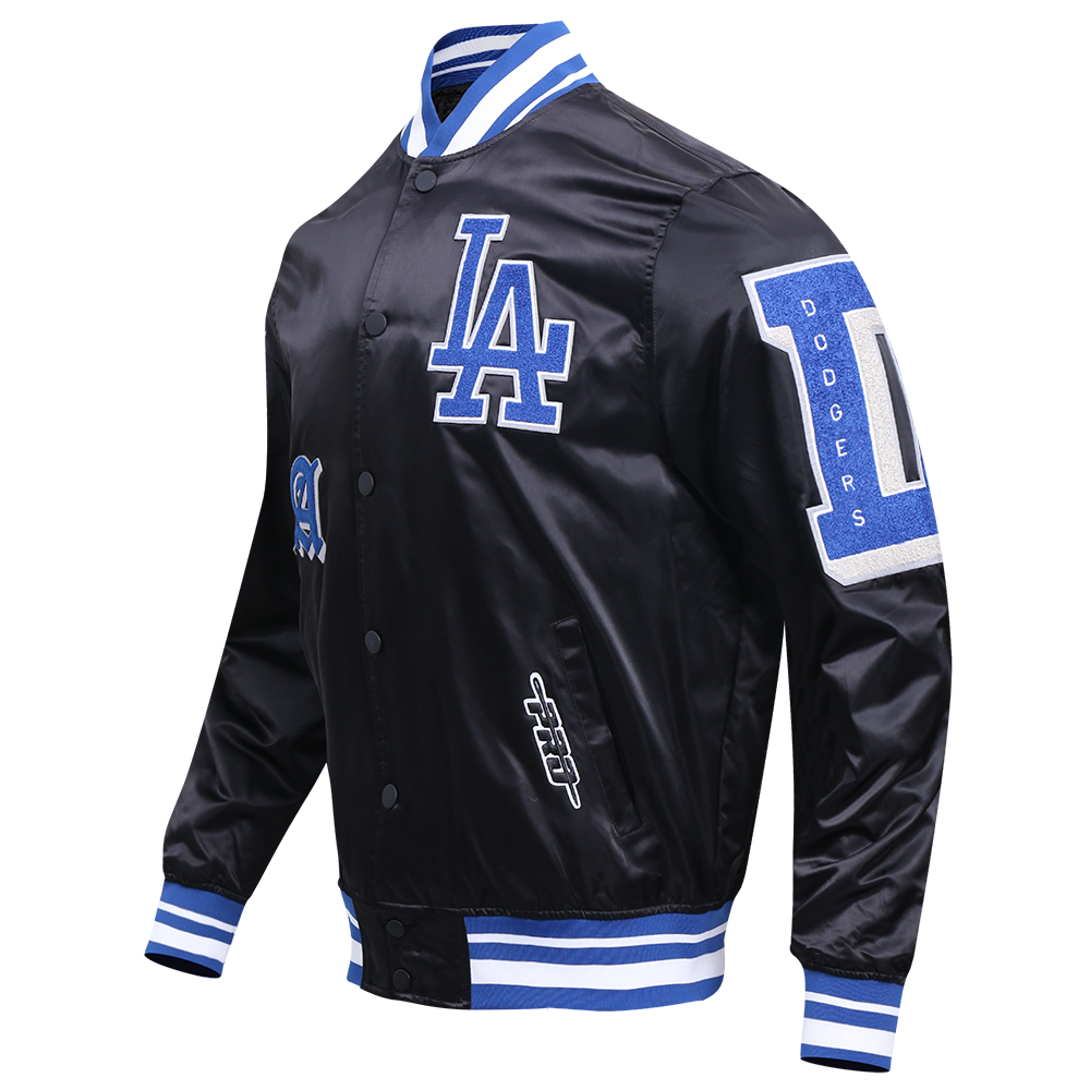 MLB LOS ANGELES DODGERS OLD ENGLISH MEN'S RIB SATIN JACKET (BLACK/DODGER BLUE)