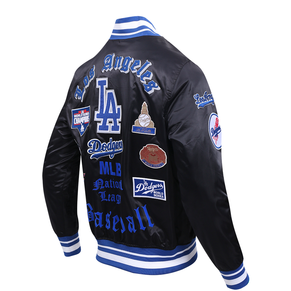 MLB LOS ANGELES DODGERS OLD ENGLISH MEN'S RIB SATIN JACKET (BLACK/DODGER BLUE)