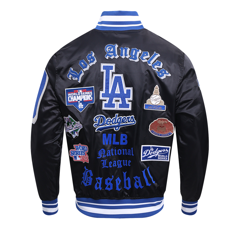 MLB LOS ANGELES DODGERS OLD ENGLISH MEN'S RIB SATIN JACKET (BLACK/DODGER BLUE)