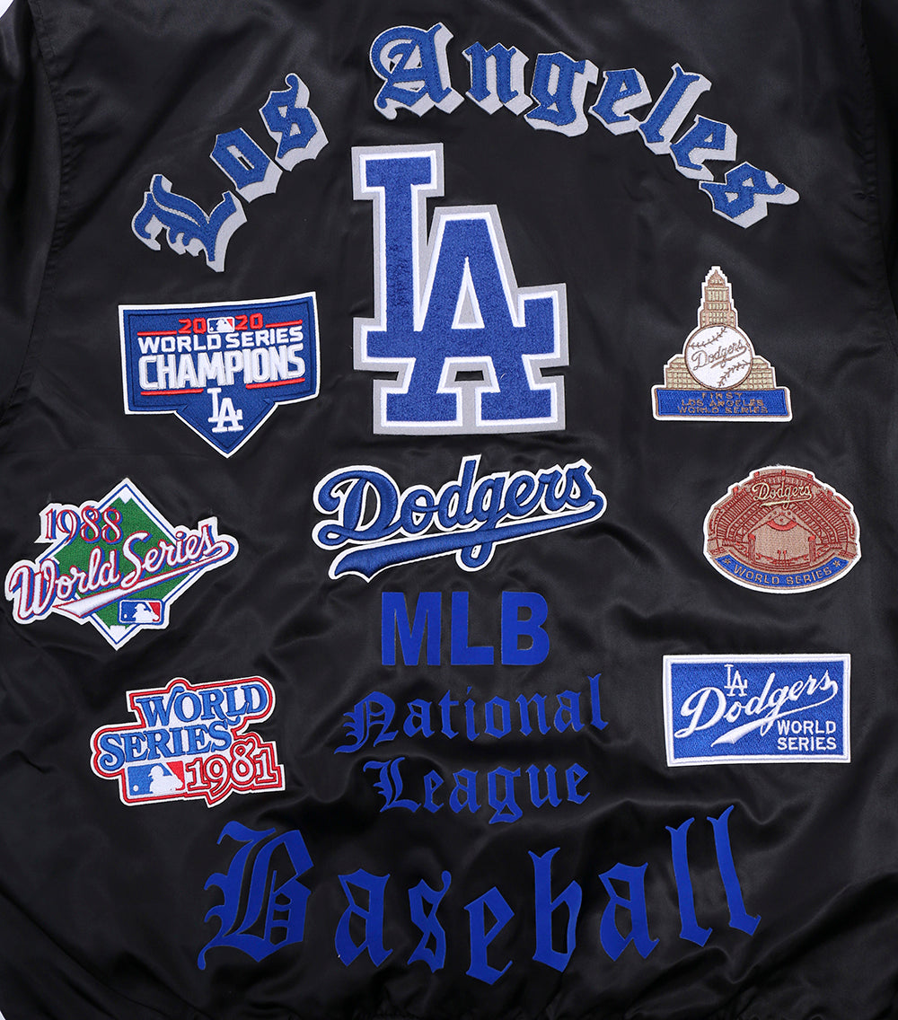 MLB LOS ANGELES DODGERS OLD ENGLISH MEN'S RIB SATIN JACKET (BLACK/DODGER BLUE)