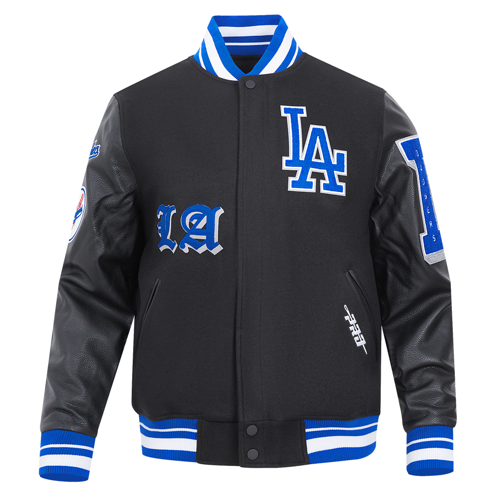 MLB LOS ANGELES DODGERS OLD ENGLISH BLOUSON COLLÉGIAL EN LAINE À BORDS CÔTELÉS POUR HOMME (NOIR/BLEU DODGER)