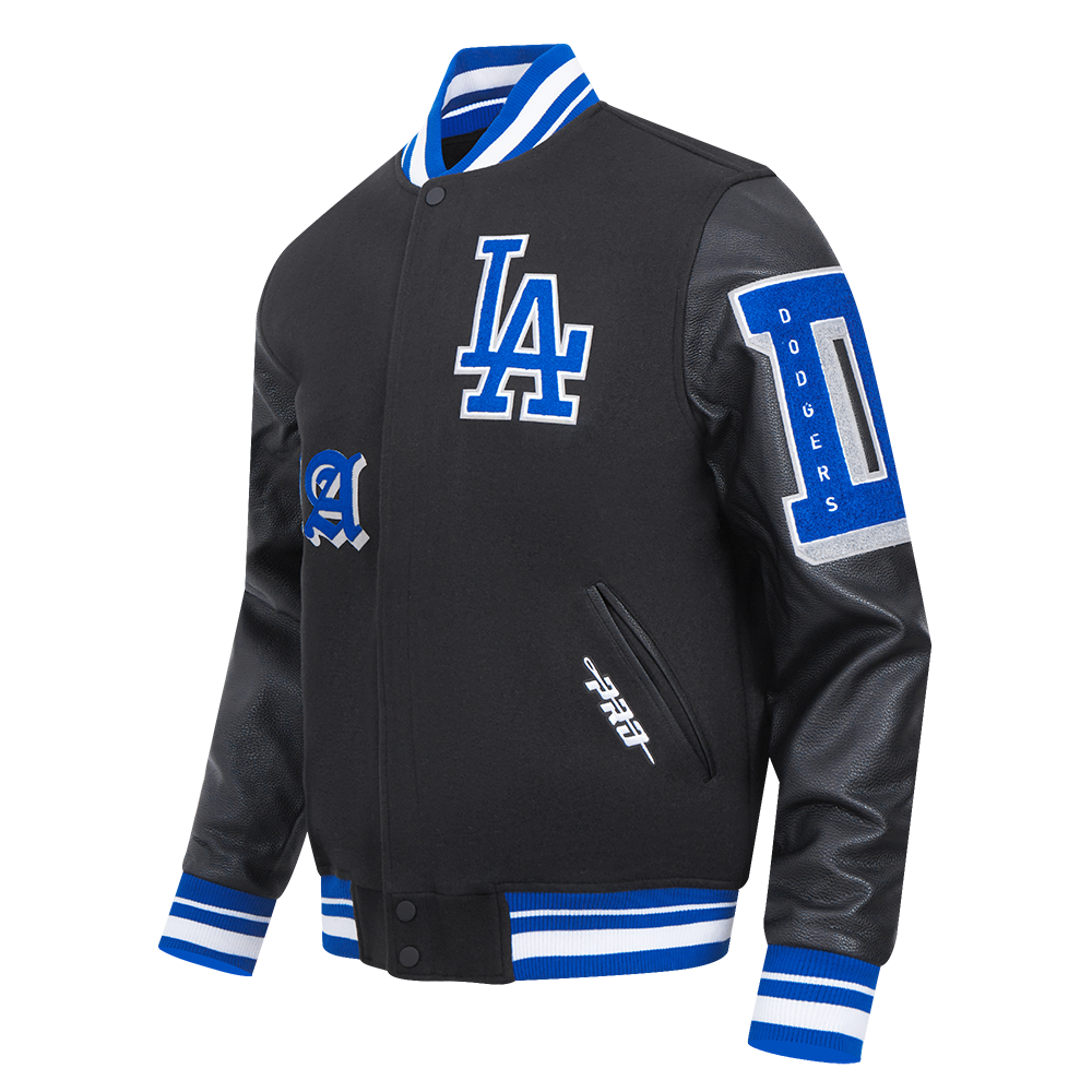 MLB LOS ANGELES DODGERS OLD ENGLISH BLOUSON COLLÉGIAL EN LAINE À BORDS CÔTELÉS POUR HOMME (NOIR/BLEU DODGER)
