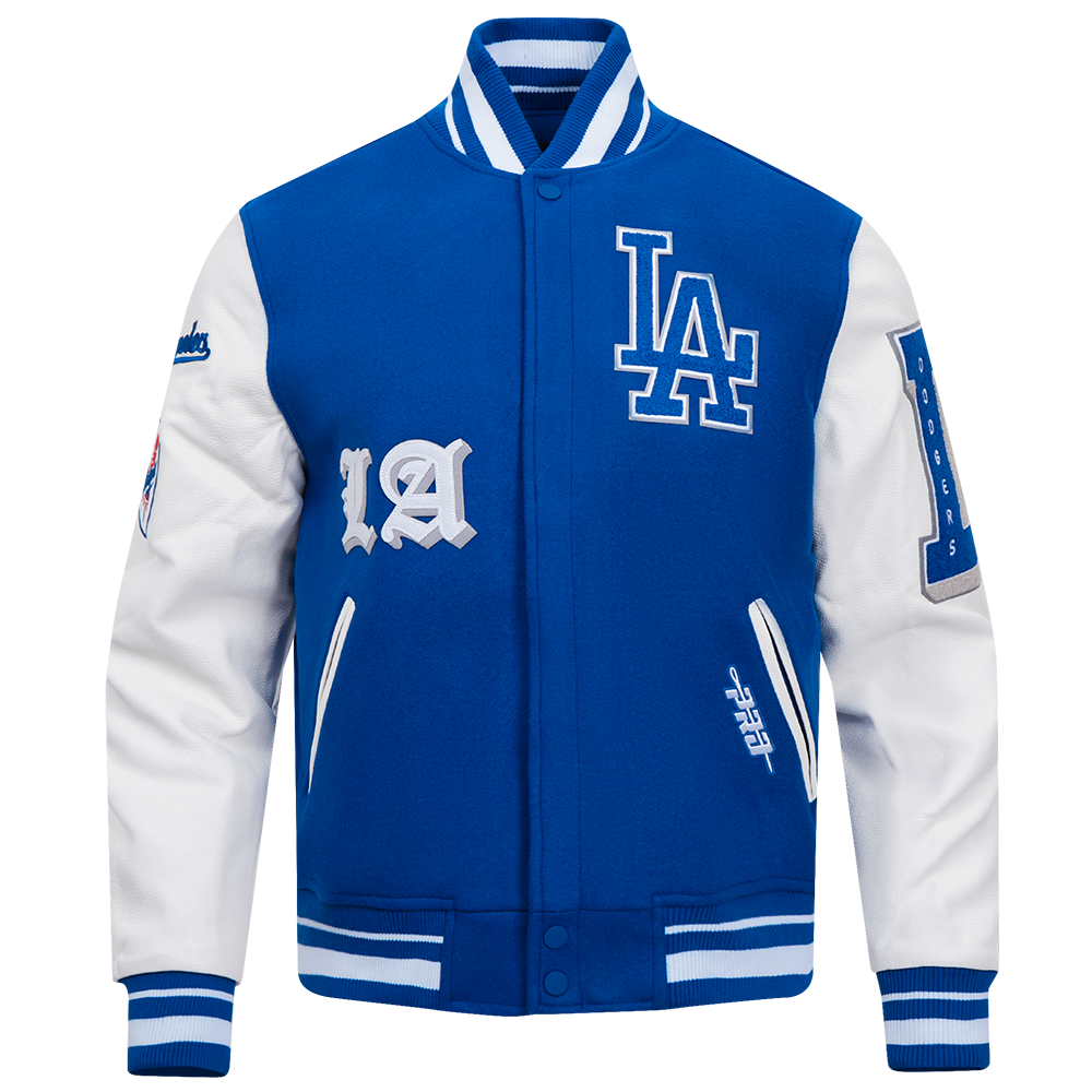MLB LOS ANGELES DODGERS OLD ENGLISH BLOUSON COLLÉGIAL EN LAINE À BORDS CÔTELÉS POUR HOMME (BLEU DODGER/BLANC)