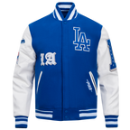 MLB LOS ANGELES DODGERS OLD ENGLISH BLOUSON COLLÉGIAL EN LAINE À BORDS CÔTELÉS POUR HOMME (BLEU DODGER/BLANC)