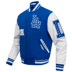 MLB LOS ANGELES DODGERS OLD ENGLISH BLOUSON COLLÉGIAL EN LAINE À BORDS CÔTELÉS POUR HOMME (BLEU DODGER/BLANC)