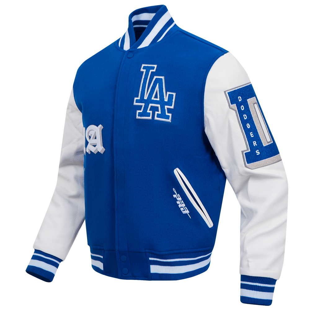 MLB LOS ANGELES DODGERS OLD ENGLISH BLOUSON COLLÉGIAL EN LAINE À BORDS CÔTELÉS POUR HOMME (BLEU DODGER/BLANC)