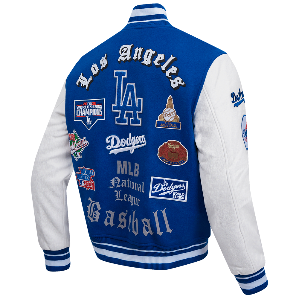 MLB LOS ANGELES DODGERS OLD ENGLISH BLOUSON COLLÉGIAL EN LAINE À BORDS CÔTELÉS POUR HOMME (BLEU DODGER/BLANC)