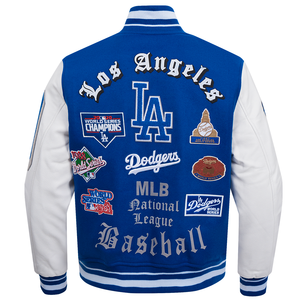 MLB LOS ANGELES DODGERS OLD ENGLISH BLOUSON COLLÉGIAL EN LAINE À BORDS CÔTELÉS POUR HOMME (BLEU DODGER/BLANC)