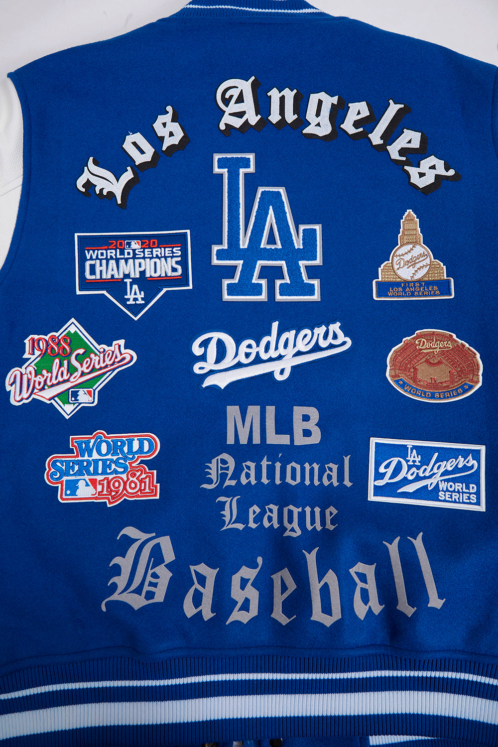 MLB LOS ANGELES DODGERS OLD ENGLISH BLOUSON COLLÉGIAL EN LAINE À BORDS CÔTELÉS POUR HOMME (BLEU DODGER/BLANC)