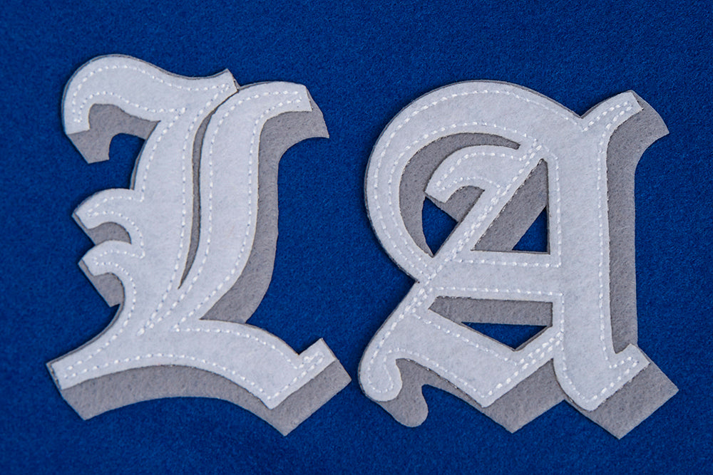 MLB LOS ANGELES DODGERS OLD ENGLISH BLOUSON COLLÉGIAL EN LAINE À BORDS CÔTELÉS POUR HOMME (BLEU DODGER/BLANC)