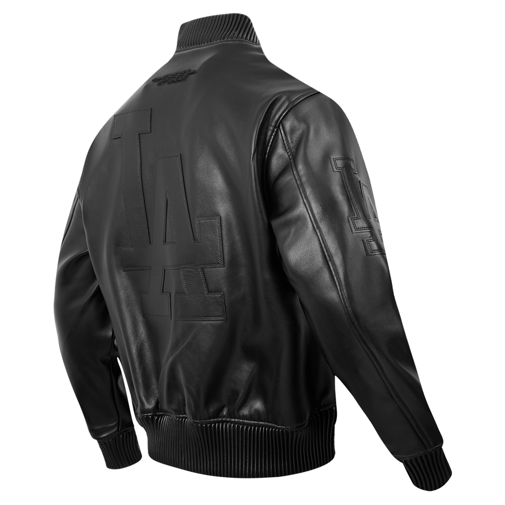 MLB LOS ANGELES DODGERS WASHED VANGUARD MEN'S LEATHER VARSITY JACKET (JET BLACK)