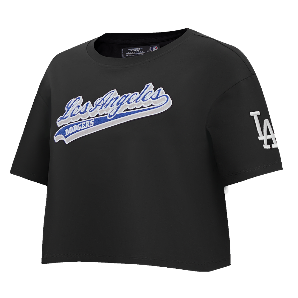 MLB LOS ANGELES DODGERS SCRIPT TAIL WOMEN'S SINGLE JERSEY BOXY TOP (BLACK)