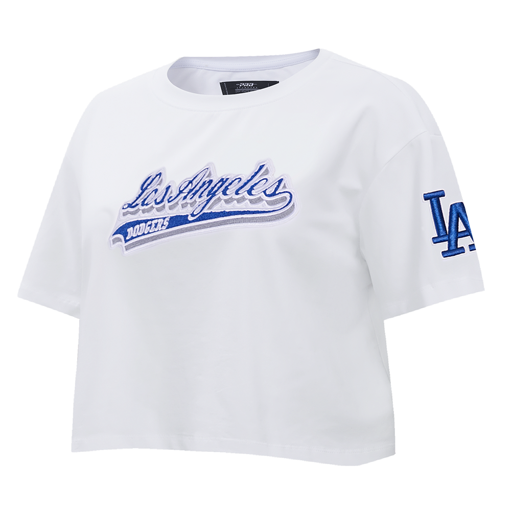 MLB LOS ANGELES DODGERS SCRIPT TAIL WOMEN'S SINGLE JERSEY BOXY TOP (WHITE)