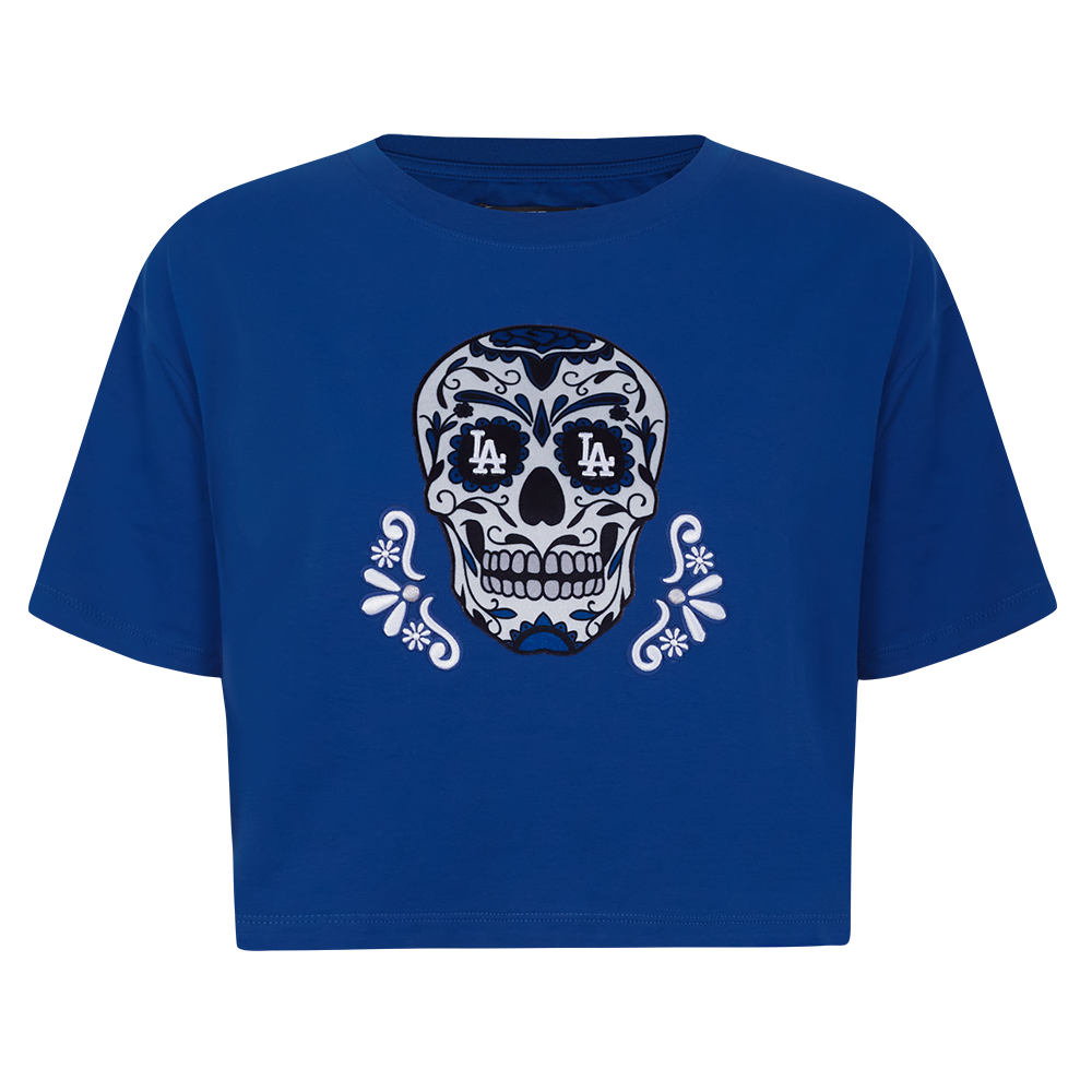 MLB LOS ANGELES DODGERS SUGAR SKULL WOMEN'S SINGLE JERSEY BOXY TOP (DODGER BLUE)
