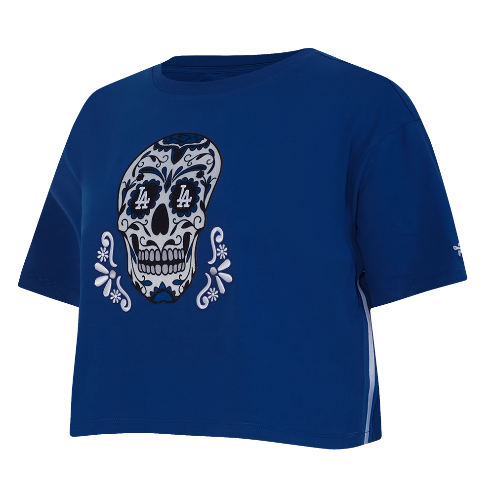 MLB LOS ANGELES DODGERS SUGAR SKULL WOMEN'S SINGLE JERSEY BOXY TOP (DODGER BLUE)