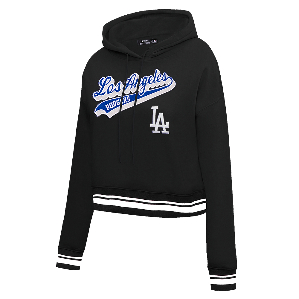 MLB LOS ANGELES DODGERS SCRIPT TAIL WOMEN'S RIB FLEECE CROPPED PULLOVER HOODIE (BLACK/DODGER BLUE)