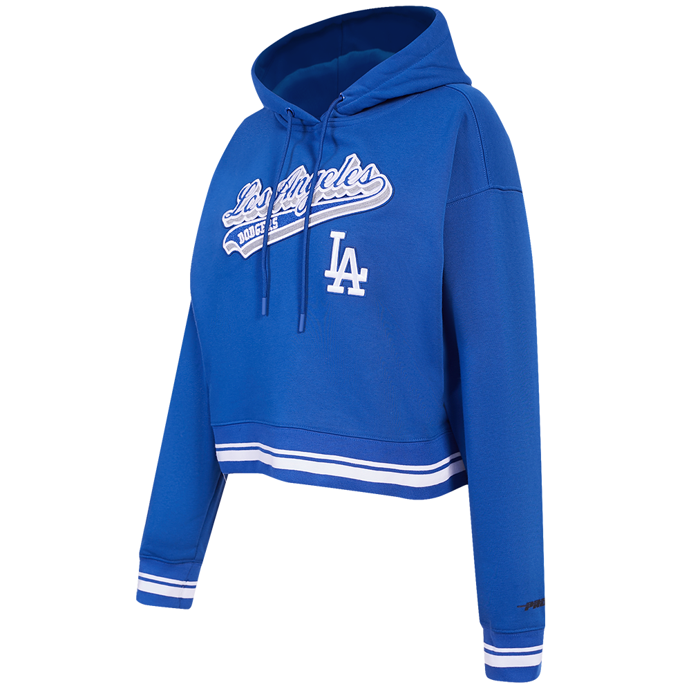 MLB LOS ANGELES DODGERS SCRIPT TAIL WOMEN'S RIB FLEECE CROPPED PULLOVER HOODIE (DODGER BLUE)