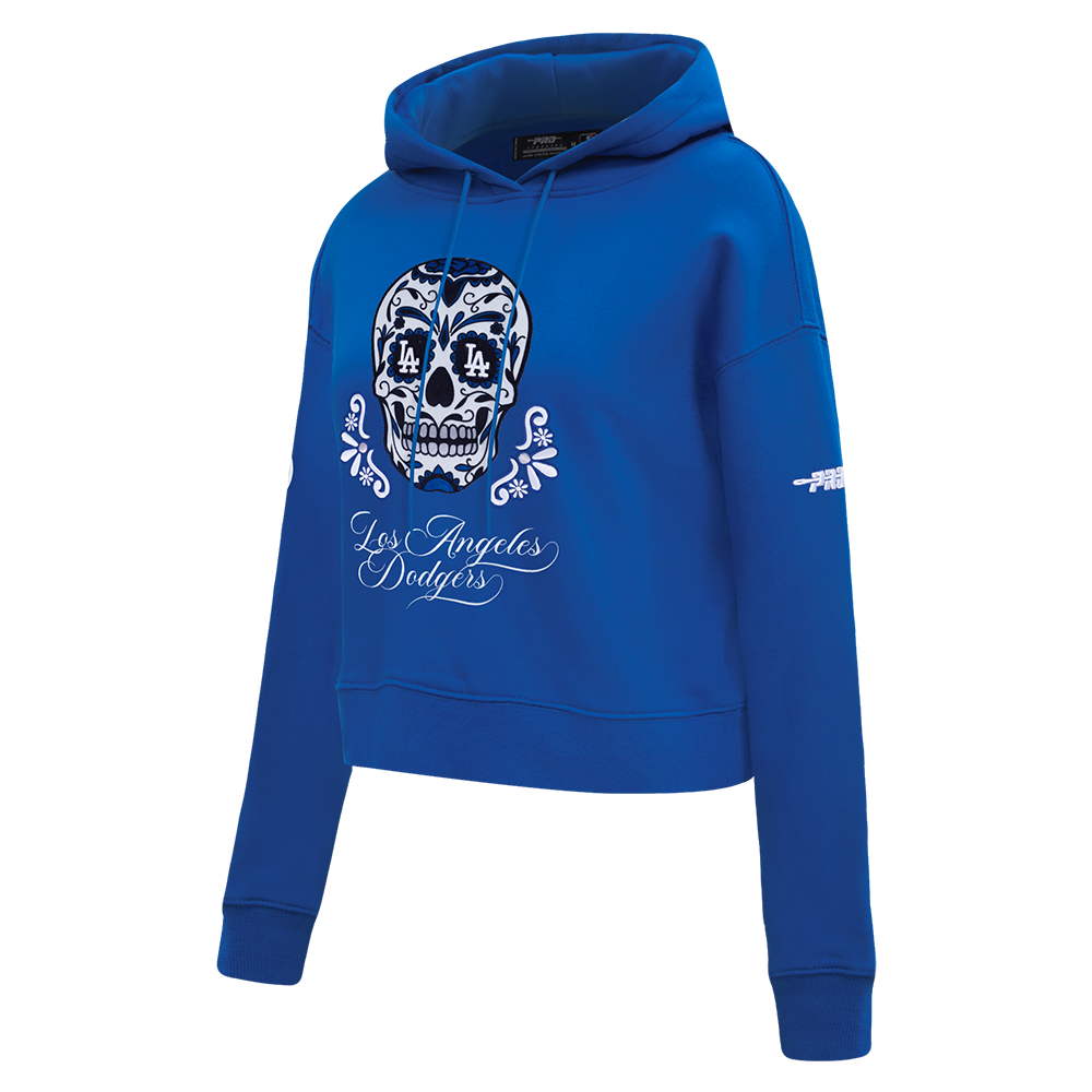 MLB LOS ANGELES DODGERS SUGAR SKULL WOMEN'S FLEECE CROPPED PULLOVER HOODIE (DODGER BLUE)