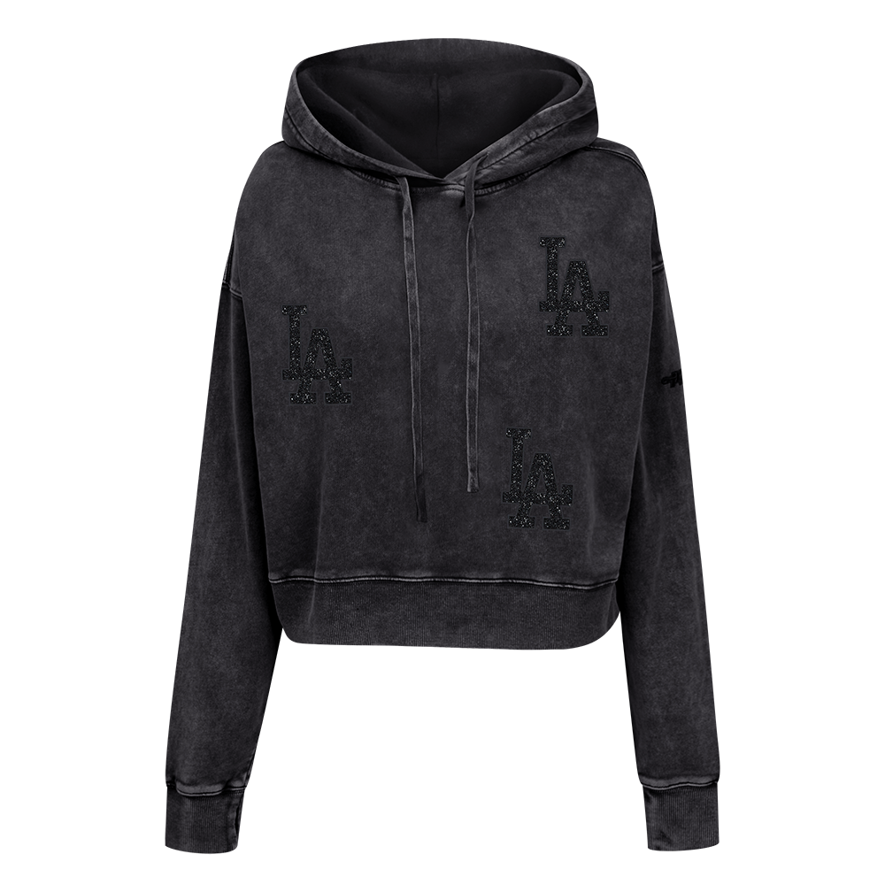 MLB LOS ANGELES DODGERS WASHED CRYSTALLINE WOMEN'S CROPPED PULLOVER HOODIE (WASHED BLACK)