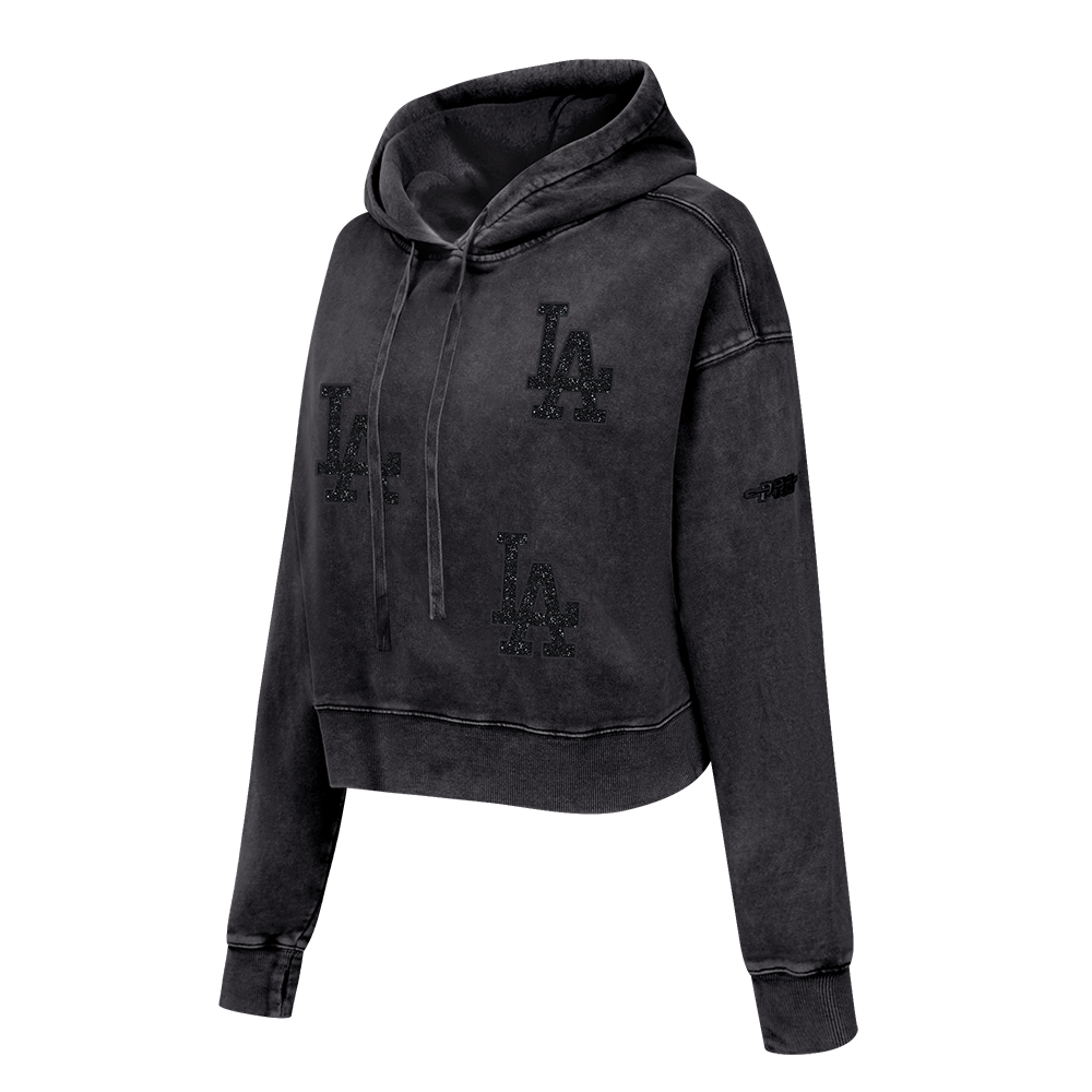 MLB LOS ANGELES DODGERS WASHED CRYSTALLINE WOMEN'S CROPPED PULLOVER HOODIE (WASHED BLACK)