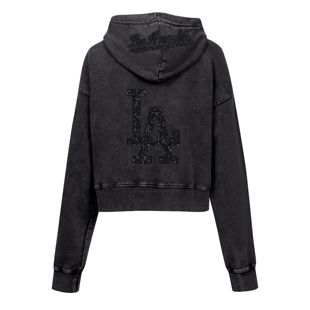 MLB LOS ANGELES DODGERS WASHED CRYSTALLINE WOMEN'S CROPPED PULLOVER HOODIE (WASHED BLACK)
