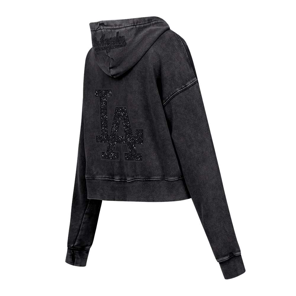 MLB LOS ANGELES DODGERS WASHED CRYSTALLINE WOMEN'S CROPPED PULLOVER HOODIE (WASHED BLACK)