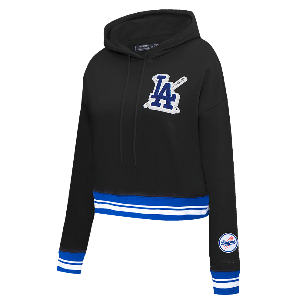 MLB LOS ANGELES DODGERS MASHUP WOMEN'S RIB CROPPED PULLOVER HOODIE (BLACK/DODGER BLUE)