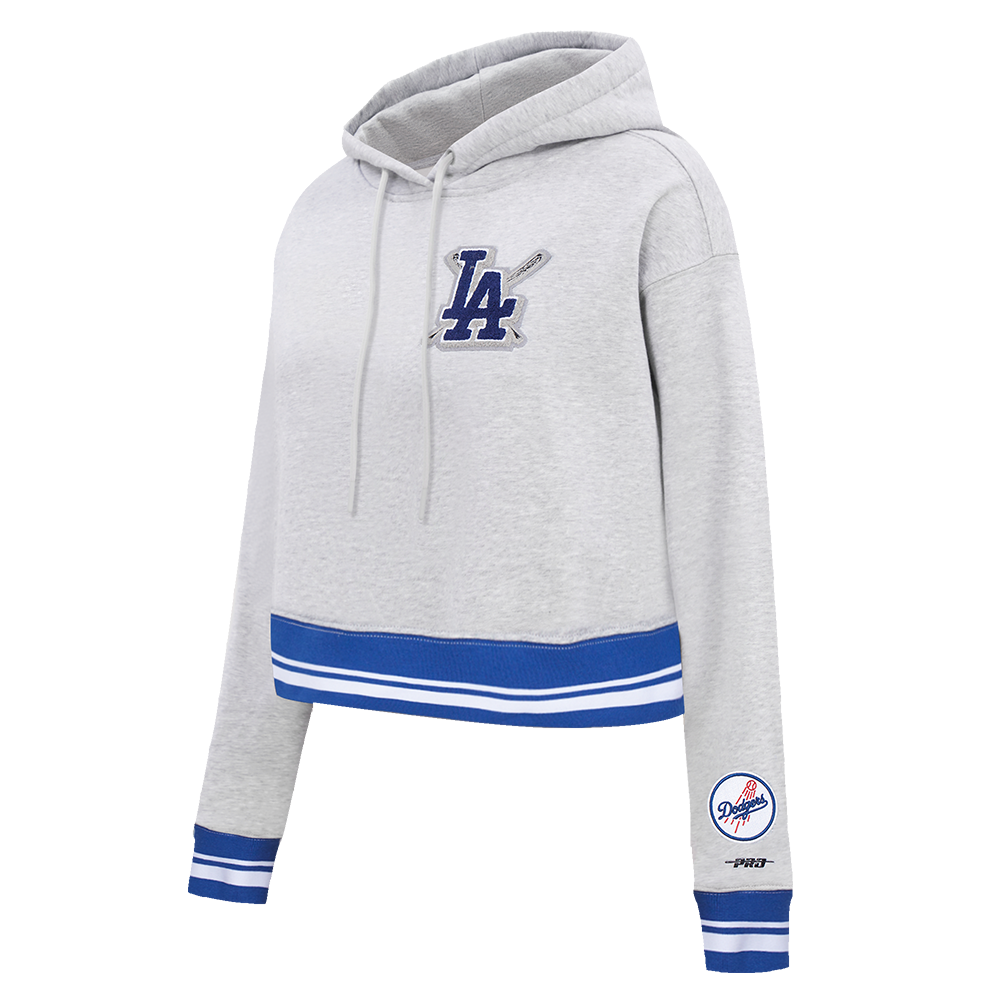 MLB LOS ANGELES DODGERS MASHUP WOMEN'S RIB CROPPED PULLOVER HOODIE (HEATHER GREY/DODGER BLUE)